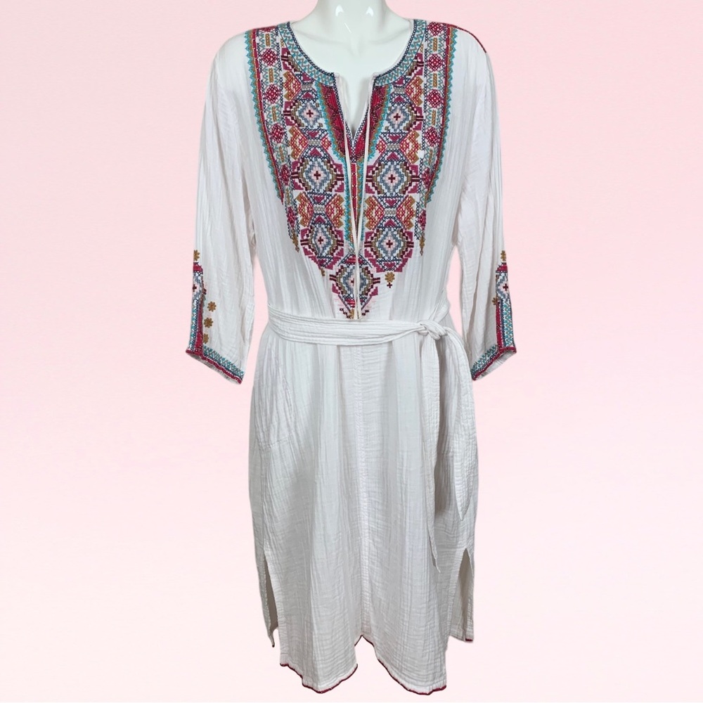 Johnny Was Workshop White Cotton Embroidered Bohemian Dress with Pockets XL